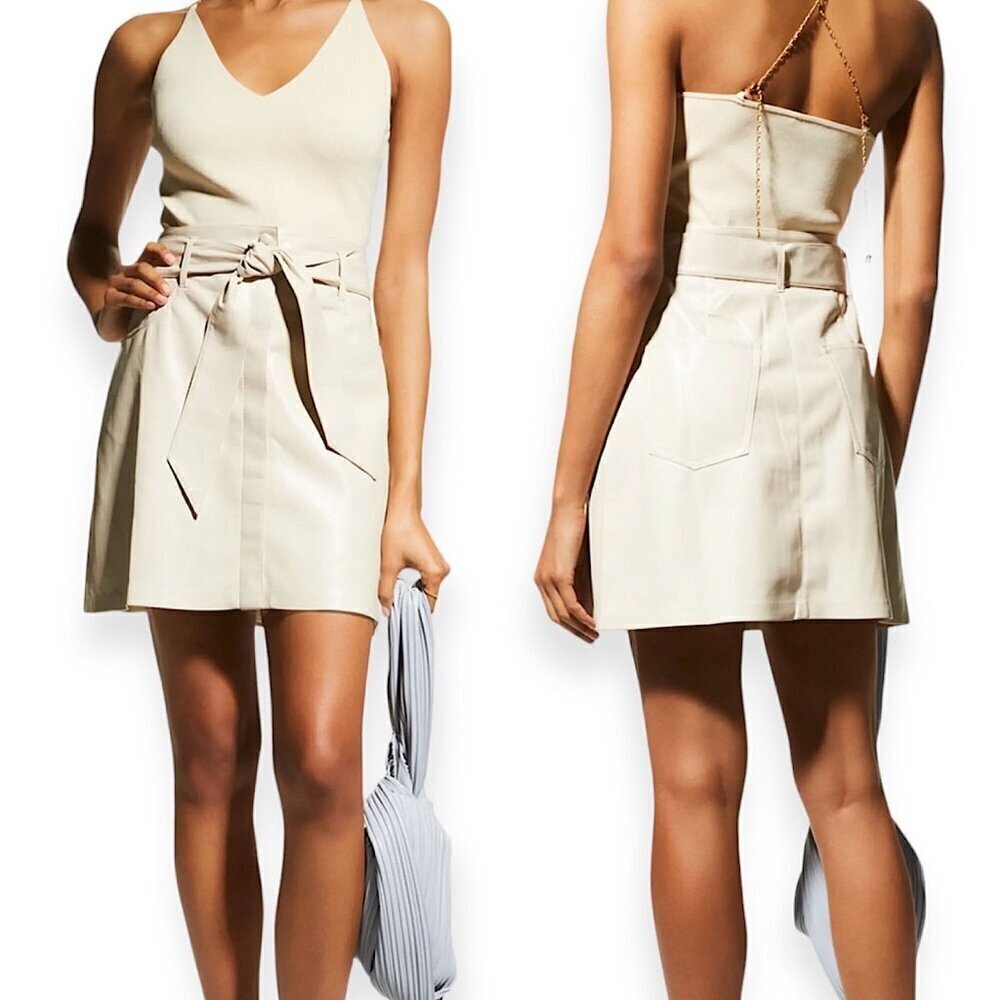 Nanushka Cream Vegan Leather A-Line Belted Mini Skirt XS New with tag